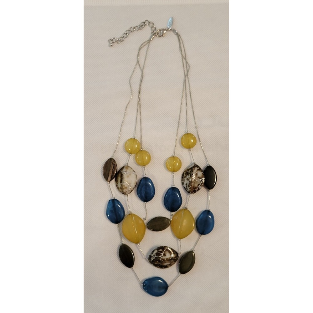 VINTAGE NY SILVER YELLOW BLUE BROWN MULTI 3 STRAND NECKLACE - VERY Nice Colorful